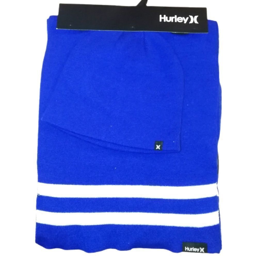 MEN HURLEY Cobalt Blue & White Thin Knit Scarf & Beanie Bundle NWT